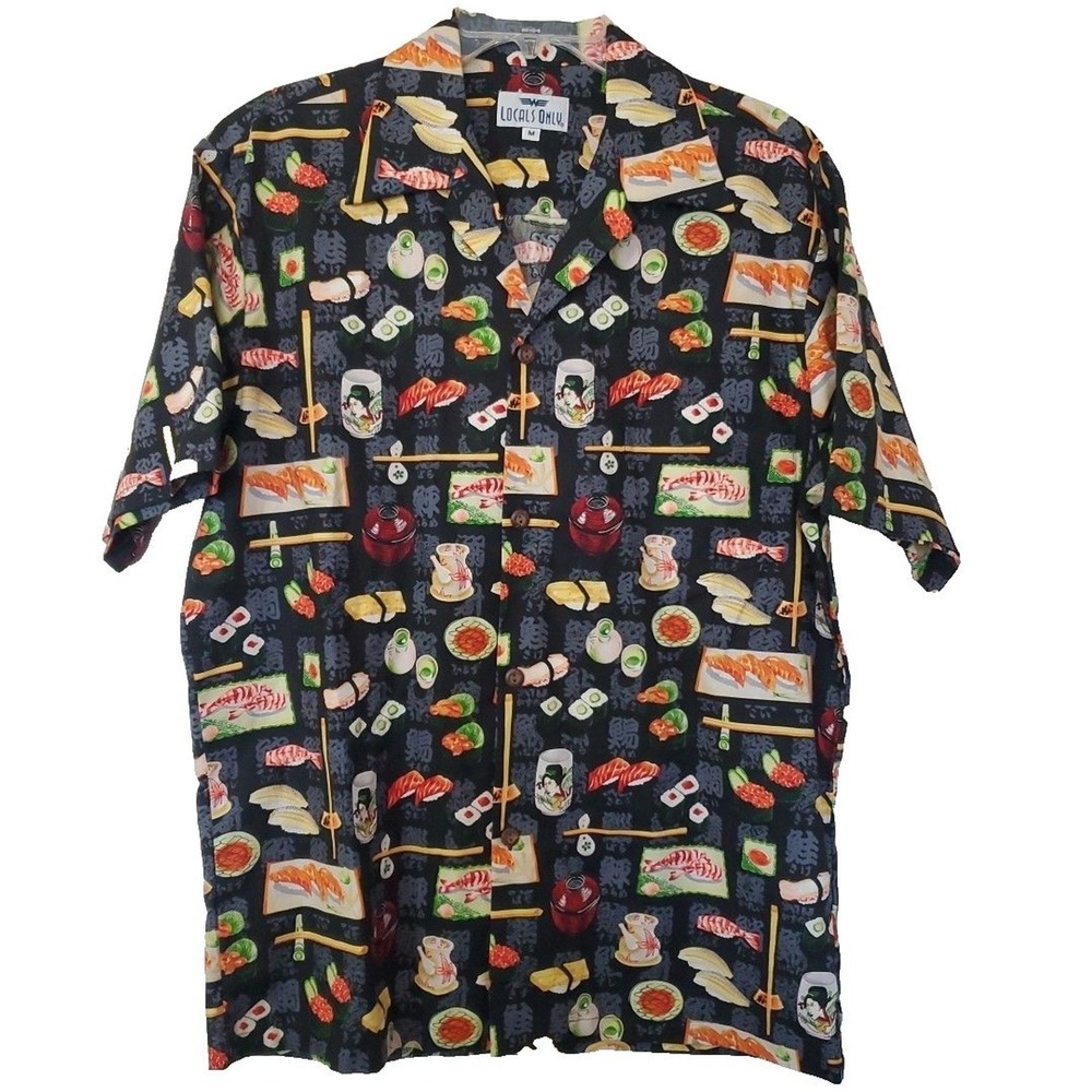 Locals Only Mens Sushi Print Button Down Shirt Black Short Sleeve Camp Collar M